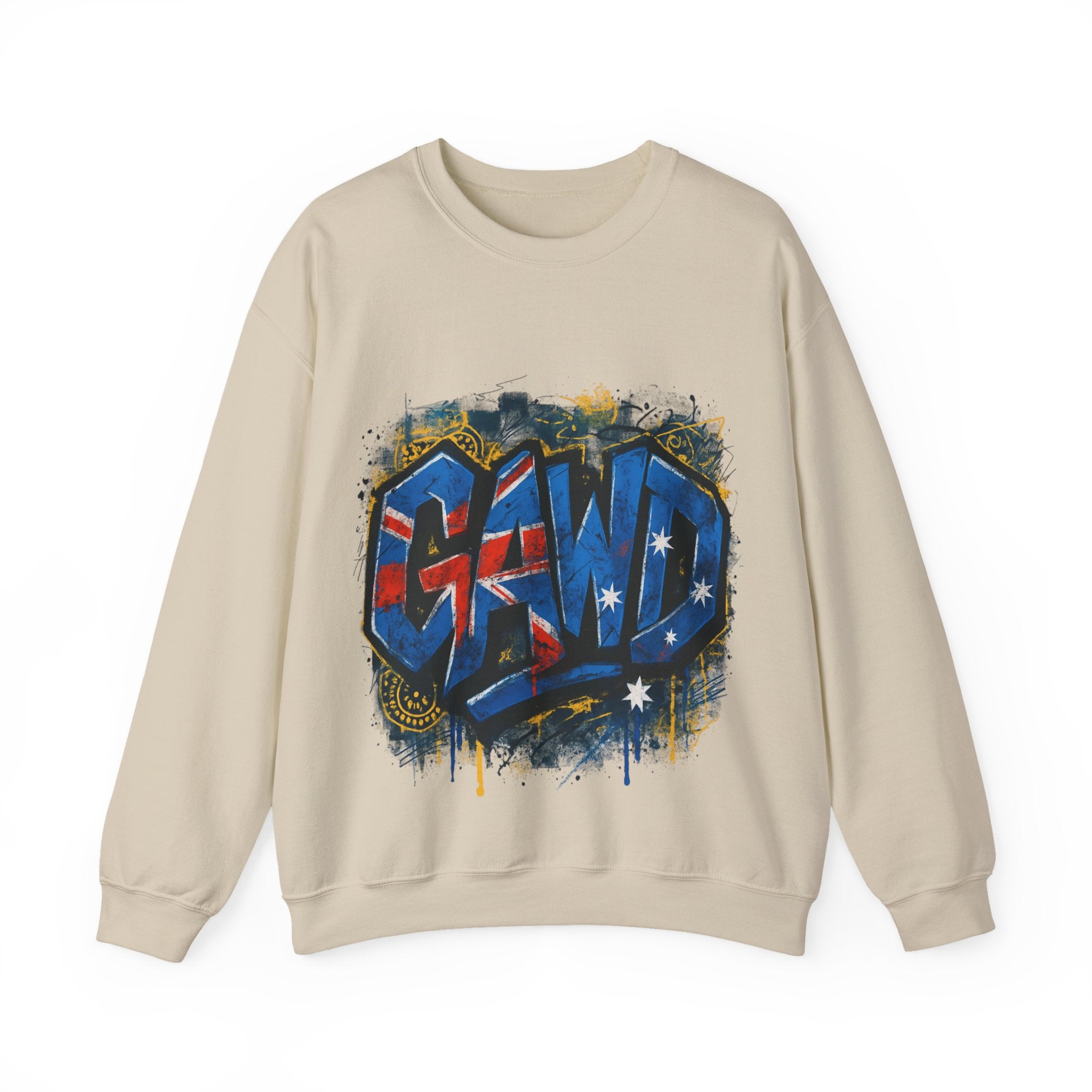 Graffiti Crewneck Sweatshirt — 'GAWD' Street Art Front with "Rugged by Nature. Refined by Design." Back