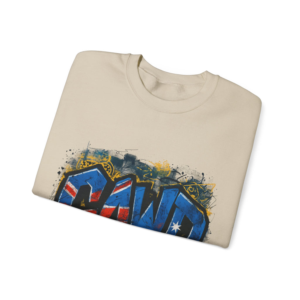 Graffiti Crewneck Sweatshirt — 'GAWD' Street Art Front with "Rugged by Nature. Refined by Design." Back
