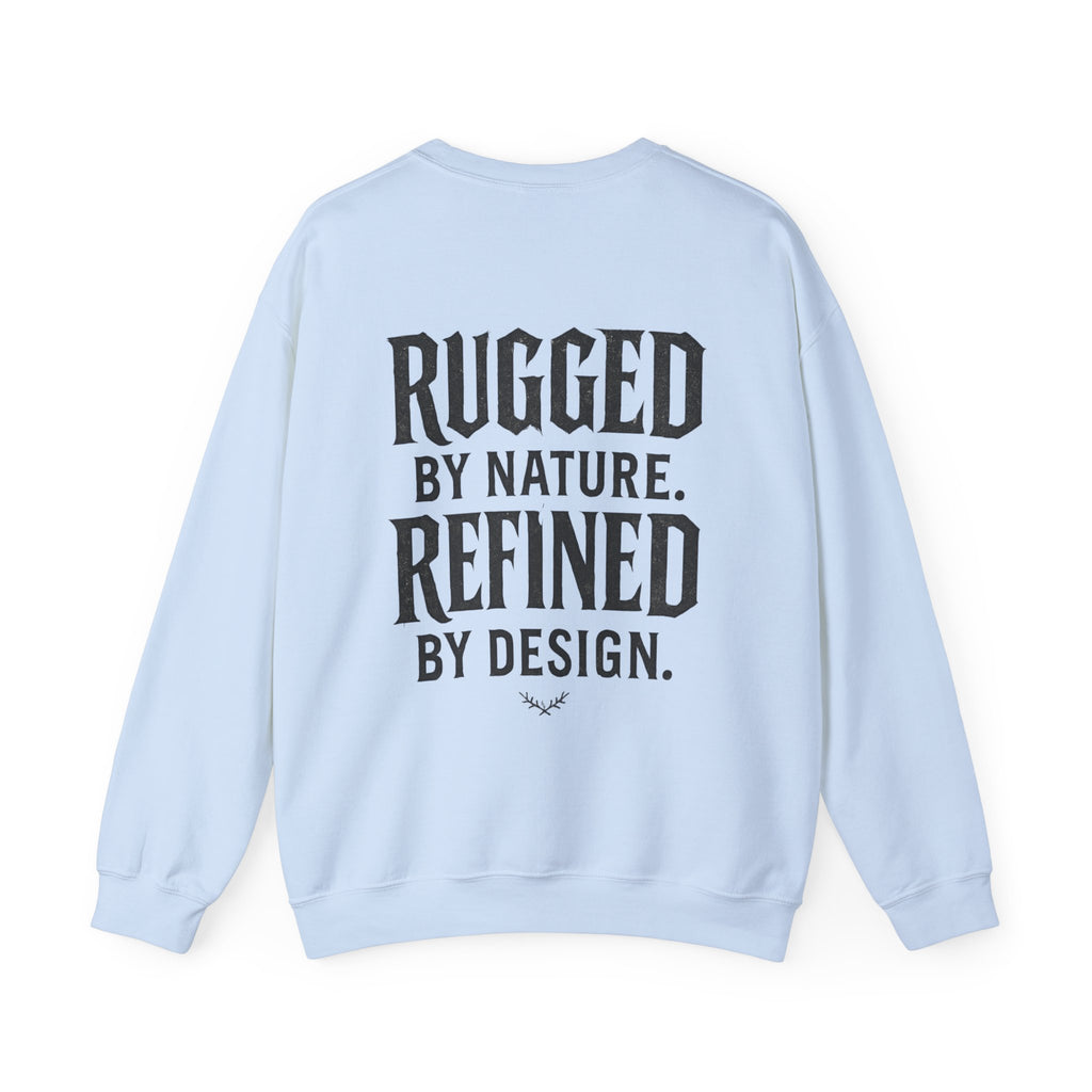 Graffiti Crewneck Sweatshirt — 'GAWD' Street Art Front with "Rugged by Nature. Refined by Design." Back