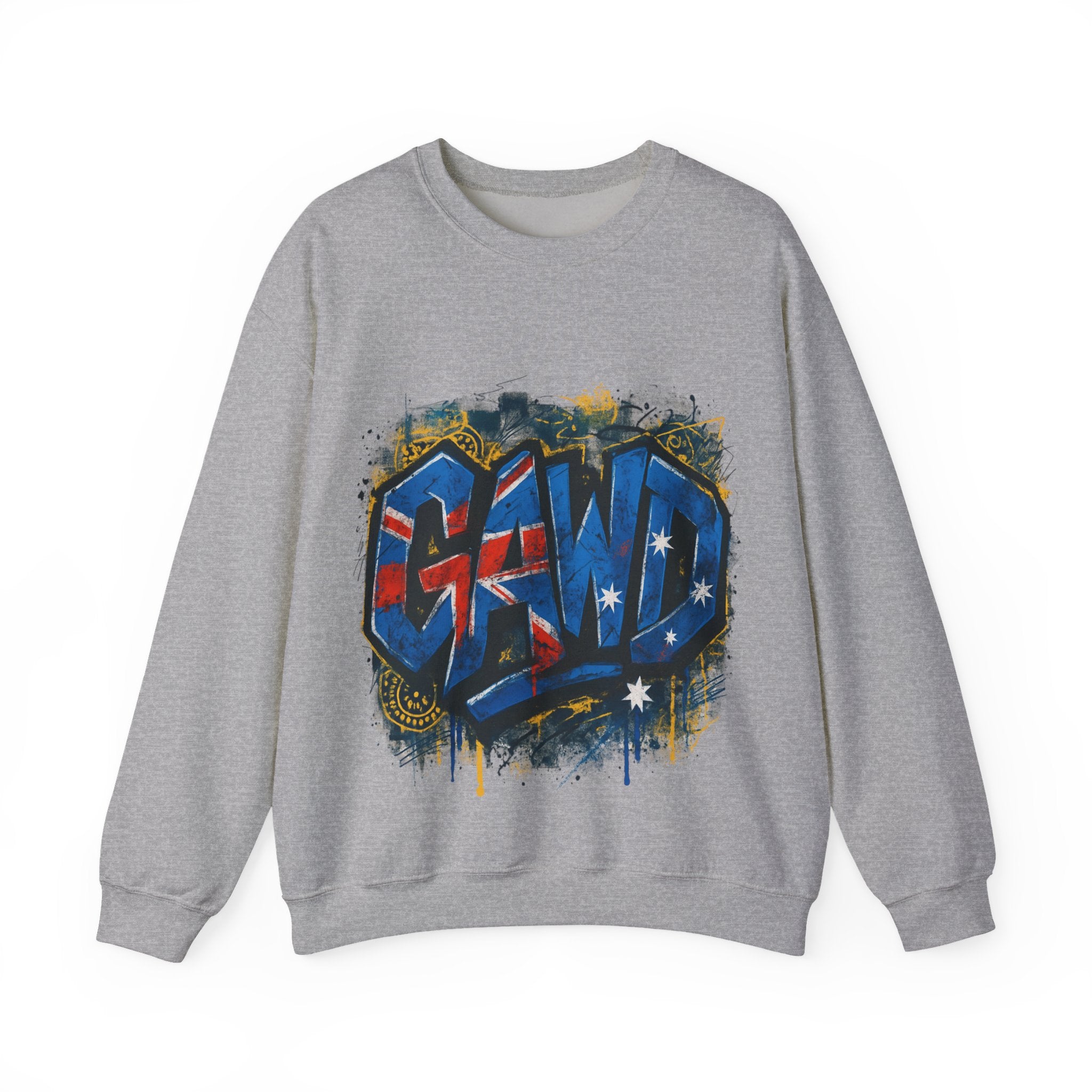 Graffiti Crewneck Sweatshirt — 'GAWD' Street Art Front with "Rugged by Nature. Refined by Design." Back