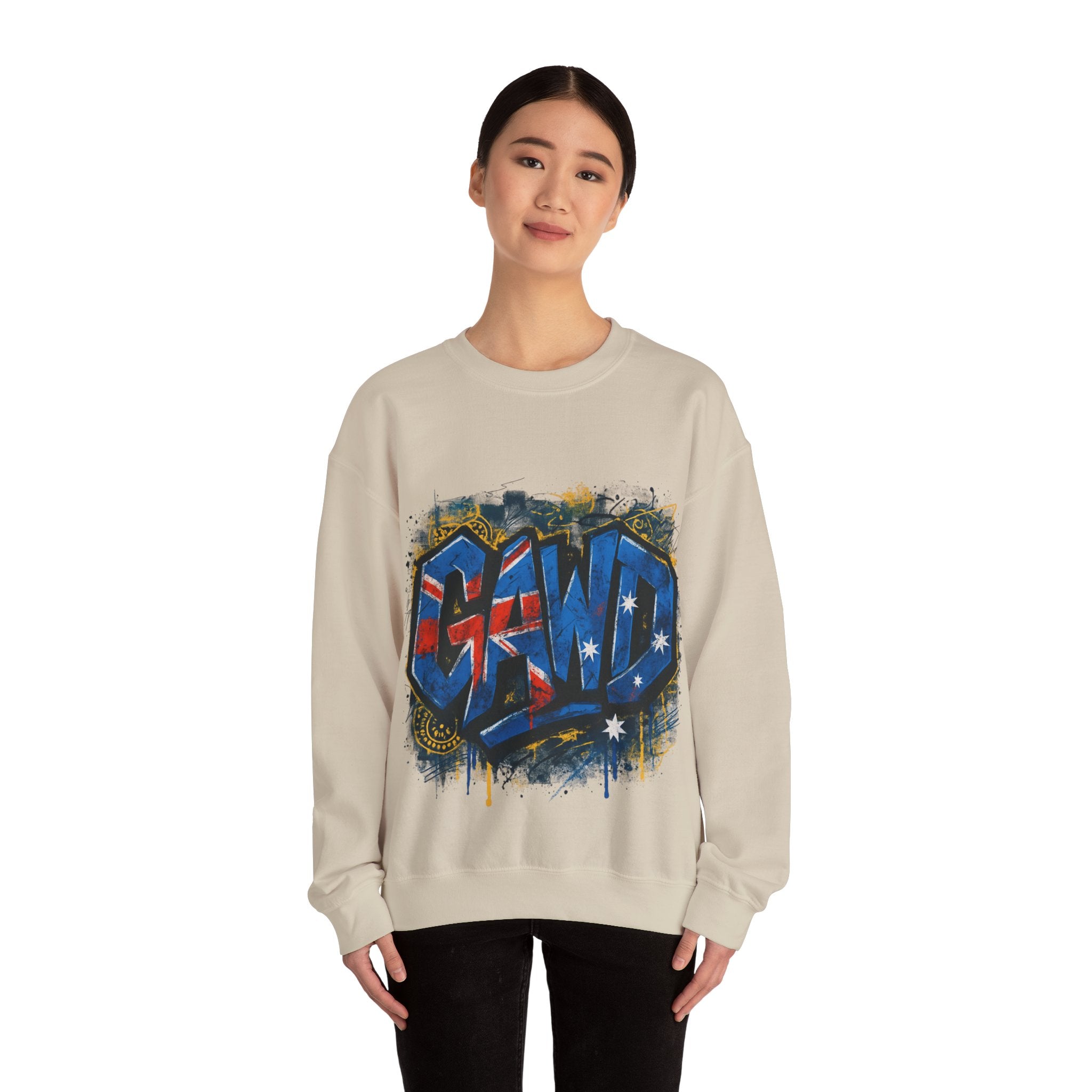 Graffiti Crewneck Sweatshirt — 'GAWD' Street Art Front with "Rugged by Nature. Refined by Design." Back