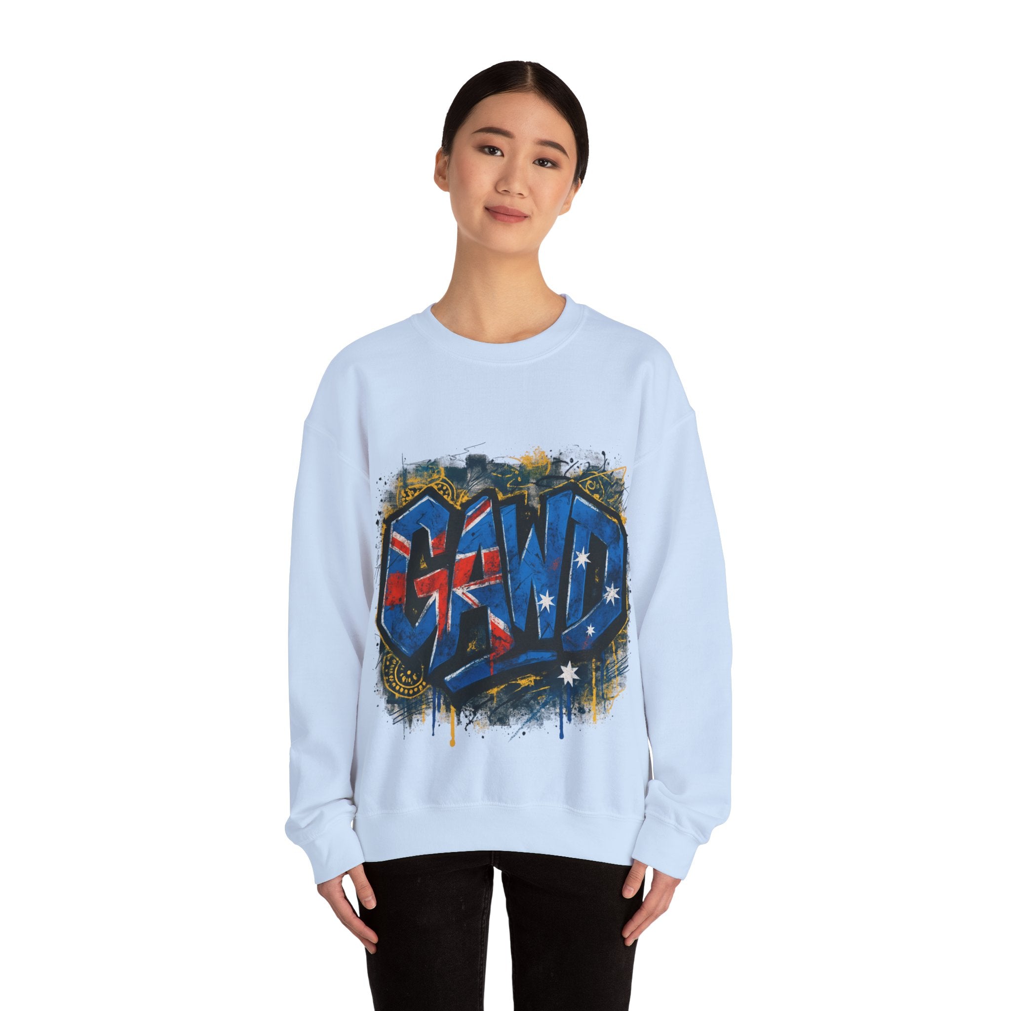 Graffiti Crewneck Sweatshirt — 'GAWD' Street Art Front with "Rugged by Nature. Refined by Design." Back