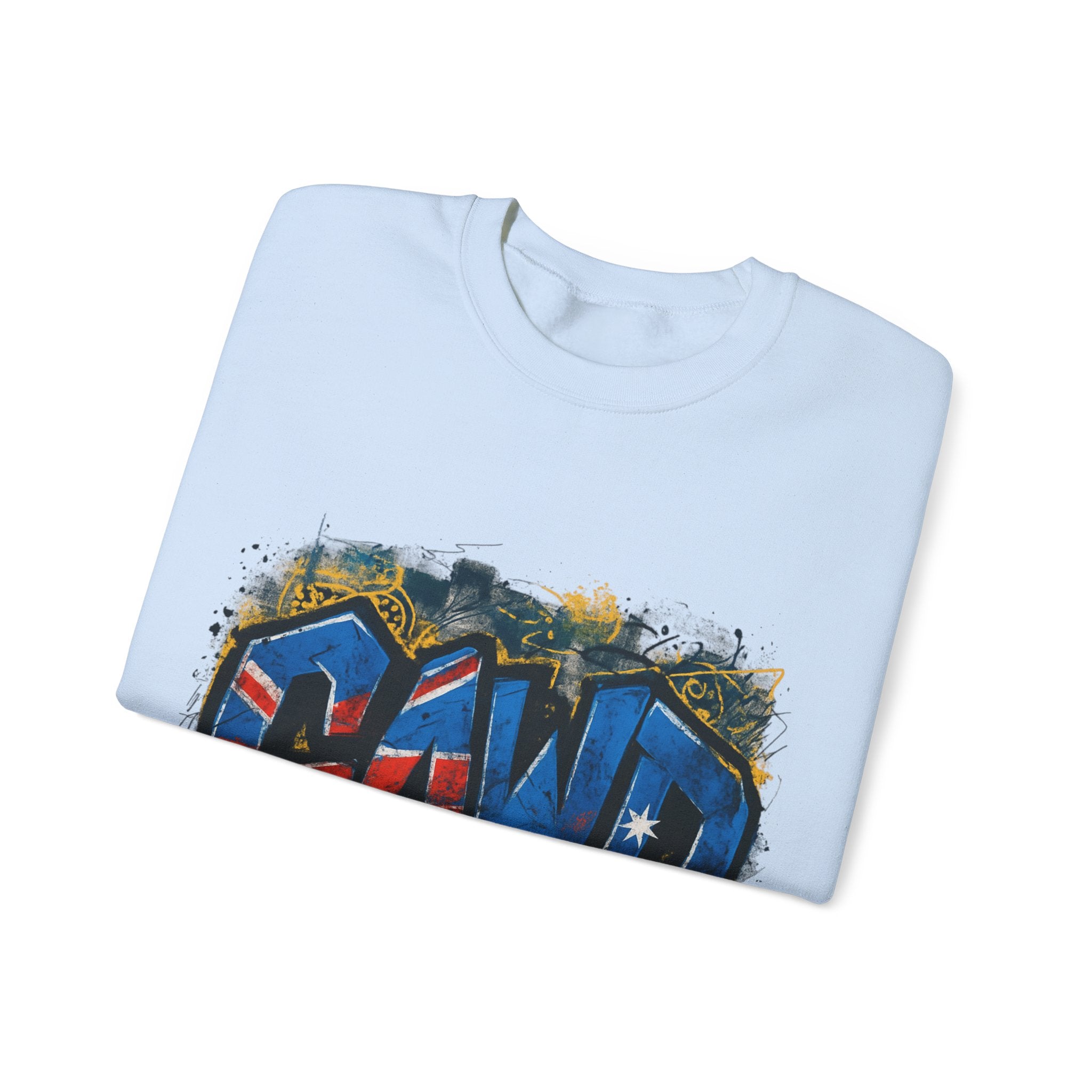 Graffiti Crewneck Sweatshirt — 'GAWD' Street Art Front with "Rugged by Nature. Refined by Design." Back