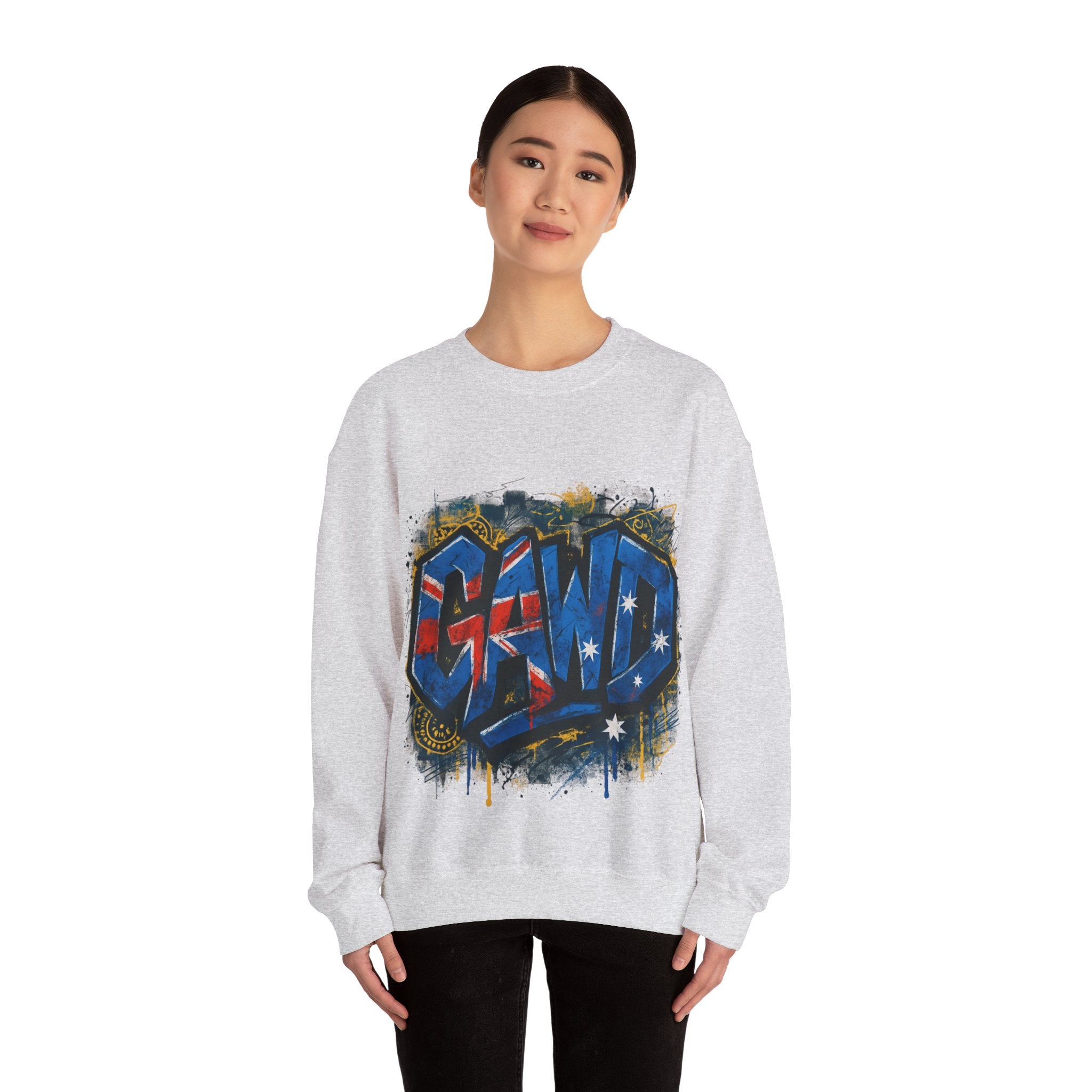 Graffiti Crewneck Sweatshirt — 'GAWD' Street Art Front with "Rugged by Nature. Refined by Design." Back