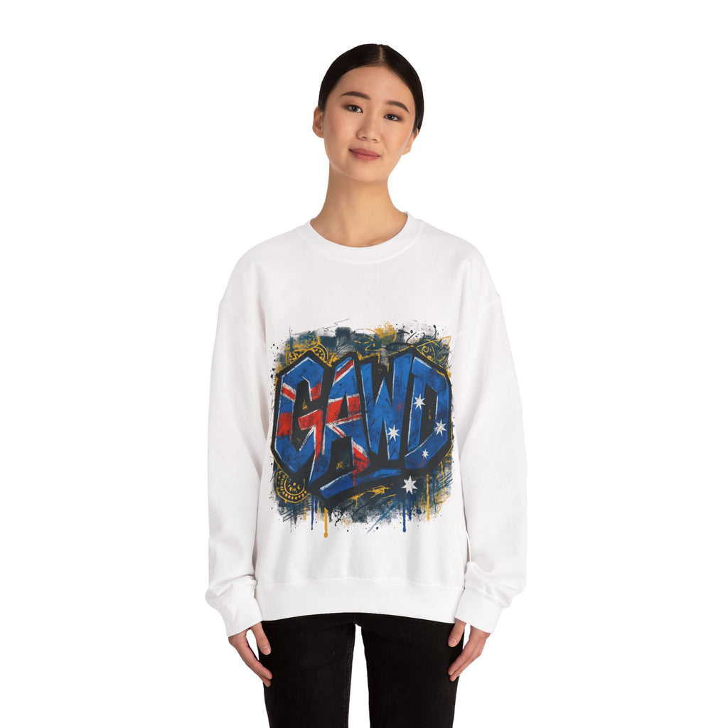 Graffiti Crewneck Sweatshirt — 'GAWD' Street Art Front with "Rugged by Nature. Refined by Design." Back