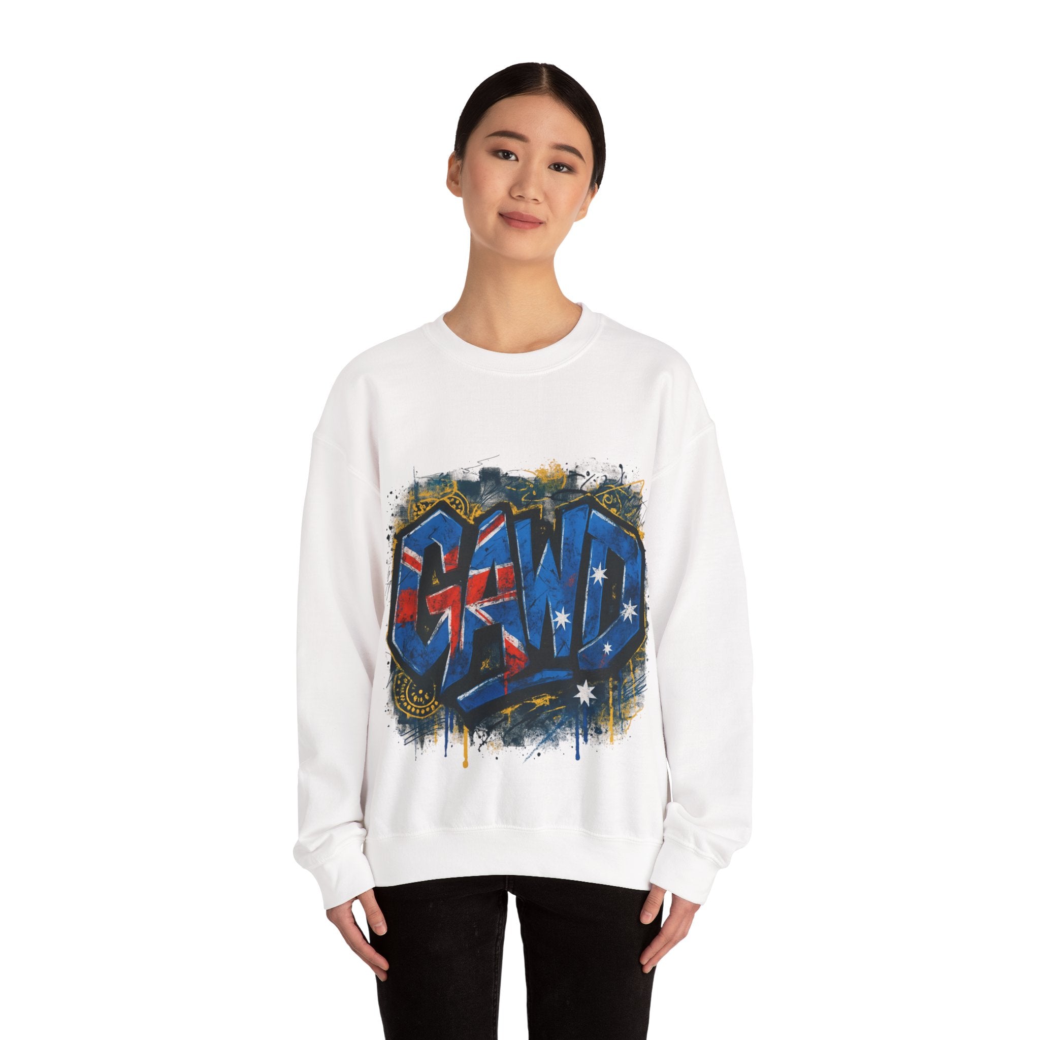 Graffiti Crewneck Sweatshirt — 'GAWD' Street Art Front with "Rugged by Nature. Refined by Design." Back