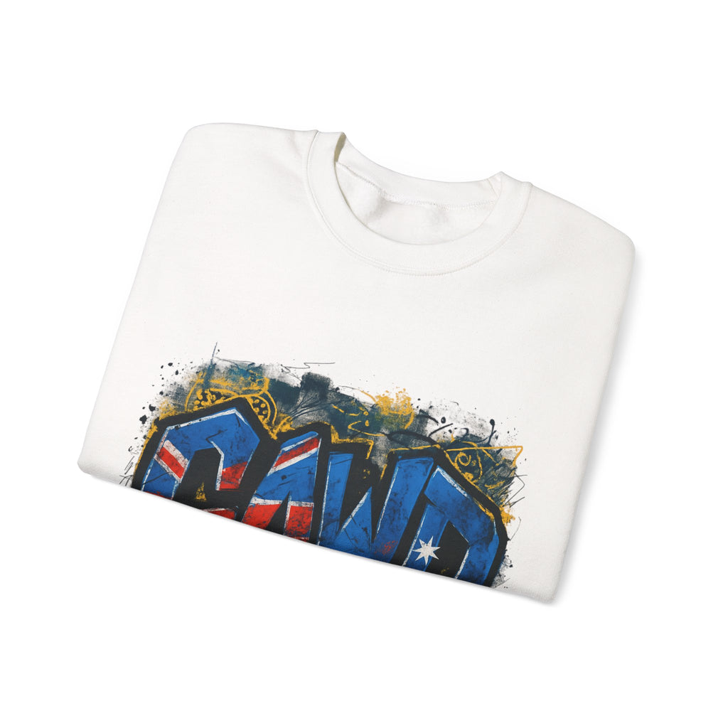 Graffiti Crewneck Sweatshirt — 'GAWD' Street Art Front with "Rugged by Nature. Refined by Design." Back