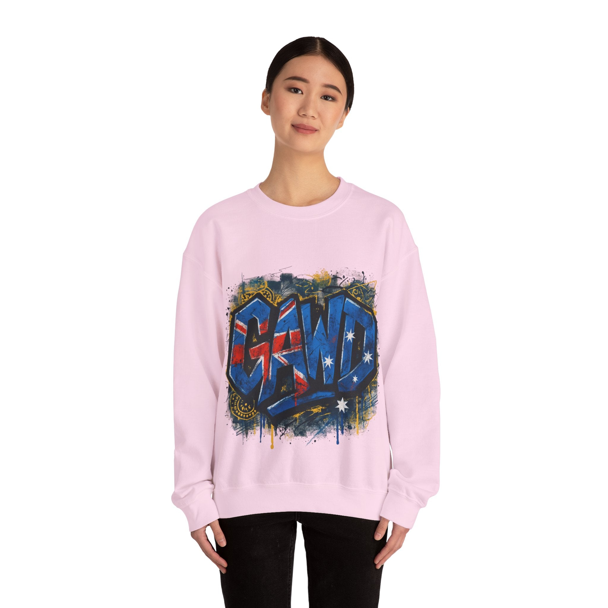 Graffiti Crewneck Sweatshirt — 'GAWD' Street Art Front with "Rugged by Nature. Refined by Design." Back