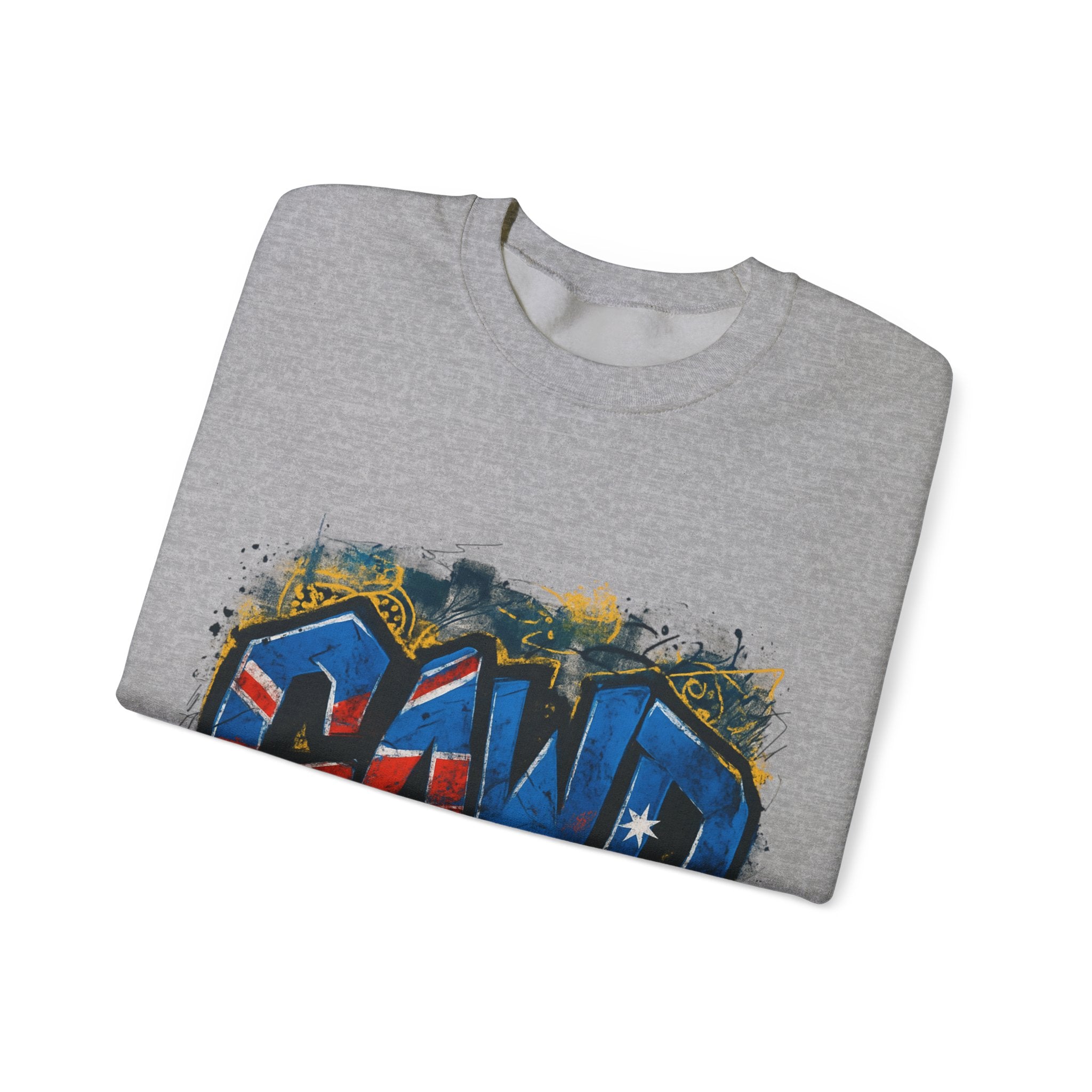 Graffiti Crewneck Sweatshirt — 'GAWD' Street Art Front with "Rugged by Nature. Refined by Design." Back