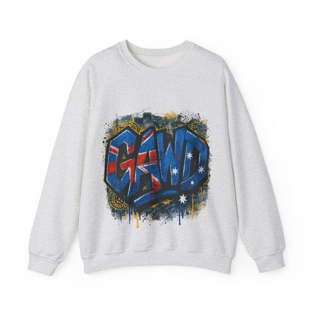 Graffiti Crewneck Sweatshirt — 'GAWD' Street Art Front with "Rugged by Nature. Refined by Design." Back