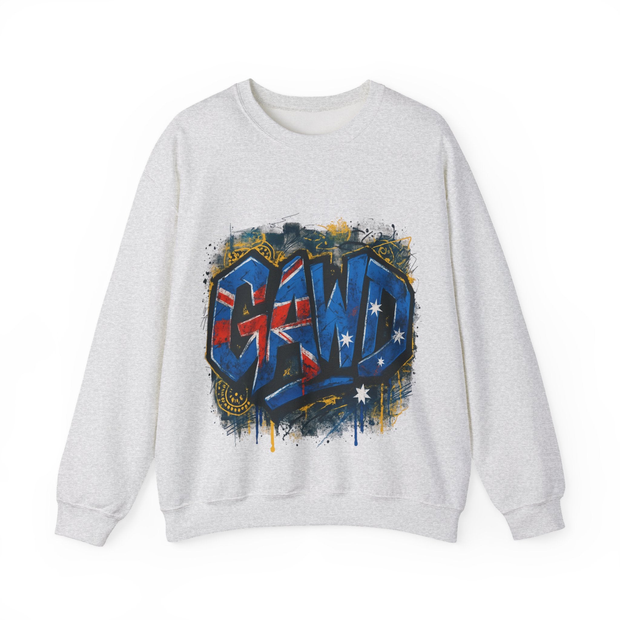 Graffiti Crewneck Sweatshirt — 'GAWD' Street Art Front with "Rugged by Nature. Refined by Design." Back