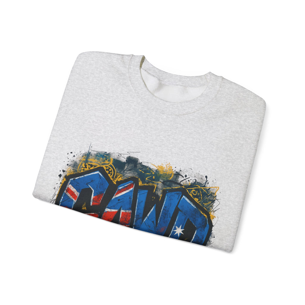 Graffiti Crewneck Sweatshirt — 'GAWD' Street Art Front with "Rugged by Nature. Refined by Design." Back